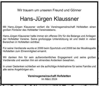 Traueranzeige Hans-Jürgen Klaussner