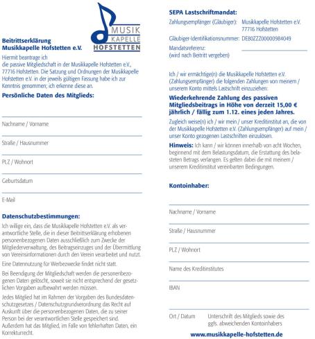 Beitrittserklärung Musikkapelle Hofstetten e.V.